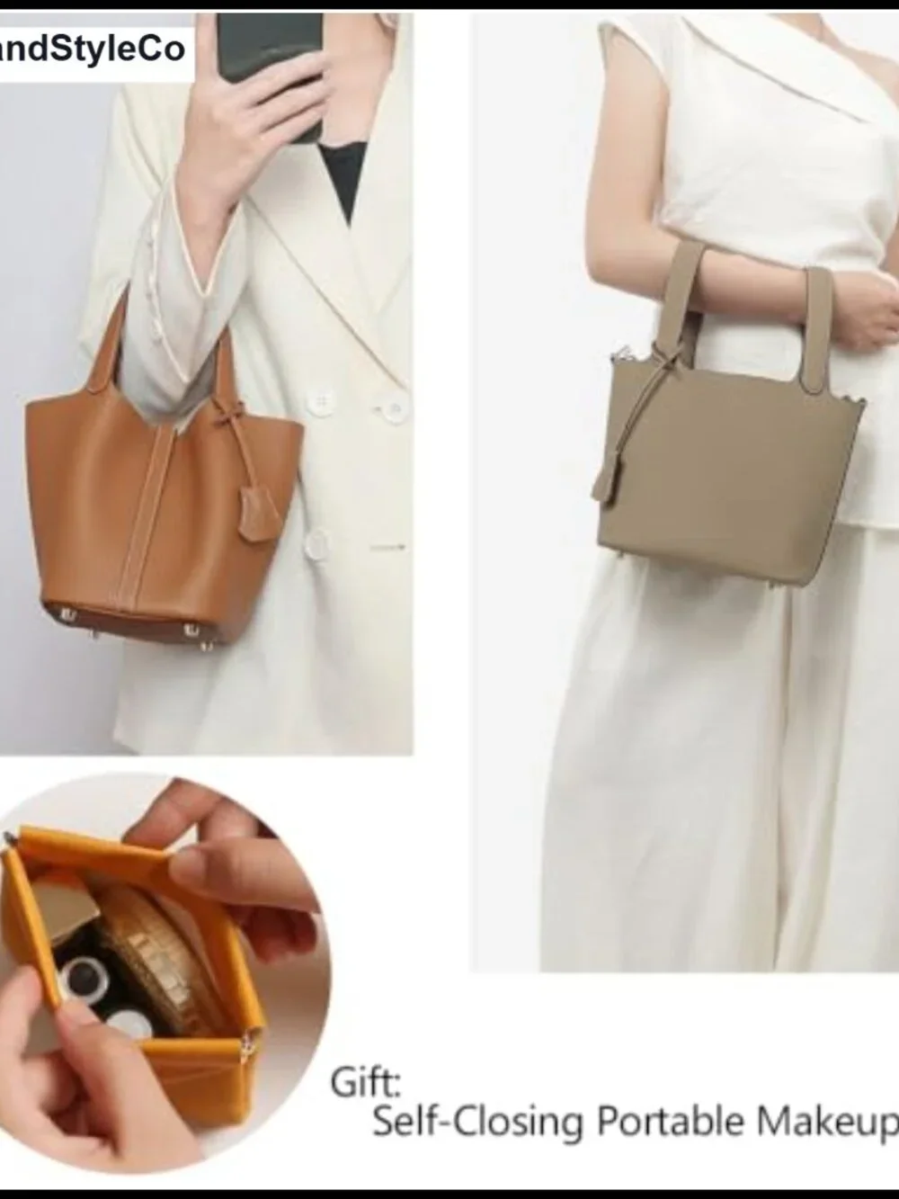 Genuine Leather Bucket Bag Top-Handle Satchel with Lock